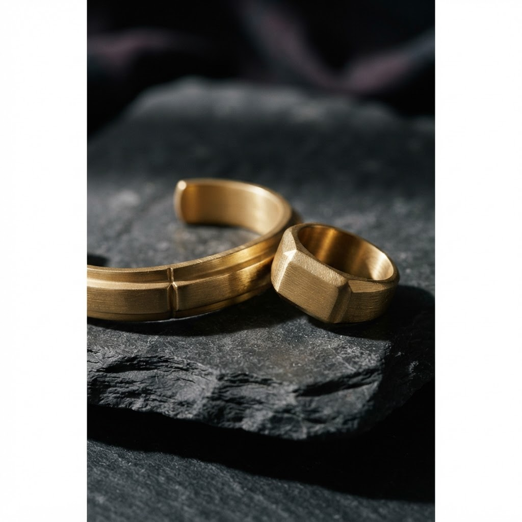 Brushed gold men's jewellery on dark stone