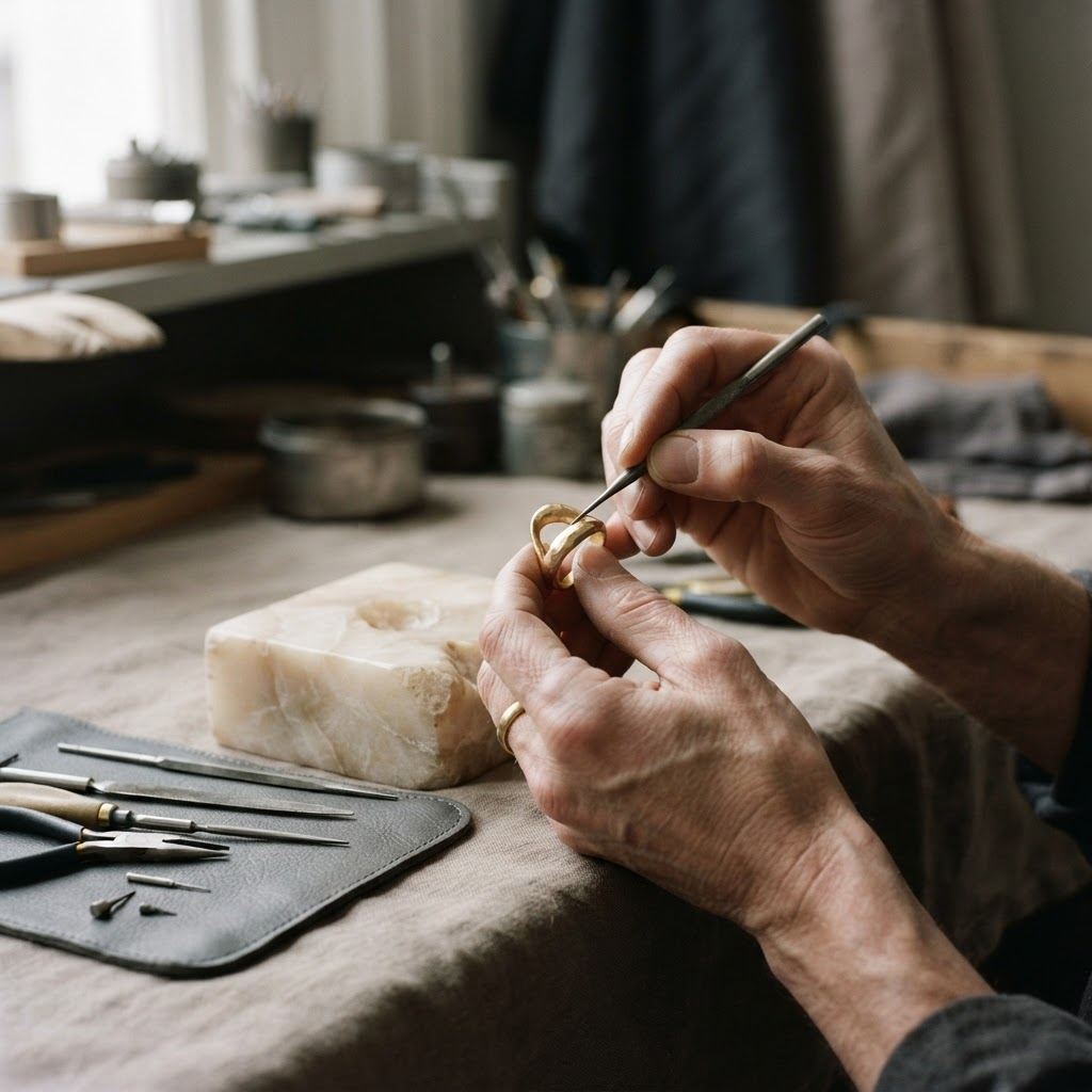 A jeweller shaping a gold ring beside an alabaster carving block